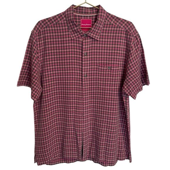 Tommy Bahama Silk Button Down Pink Grey Checked Shirt Size XL - Picture 1 of 9